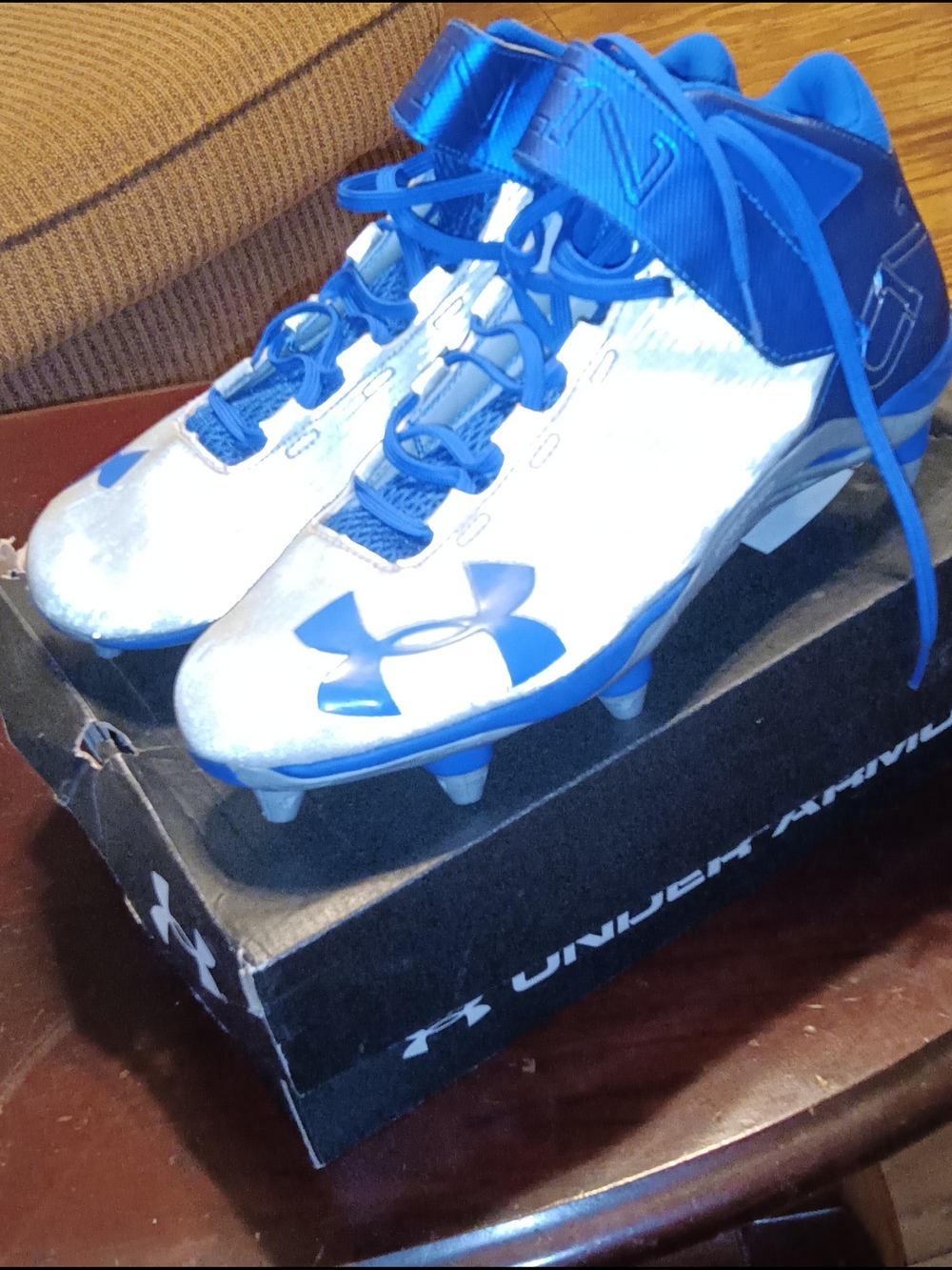 Cam Newton Under Armour C1N Football Cleats Blue Silver Model 1269641-401 US 13